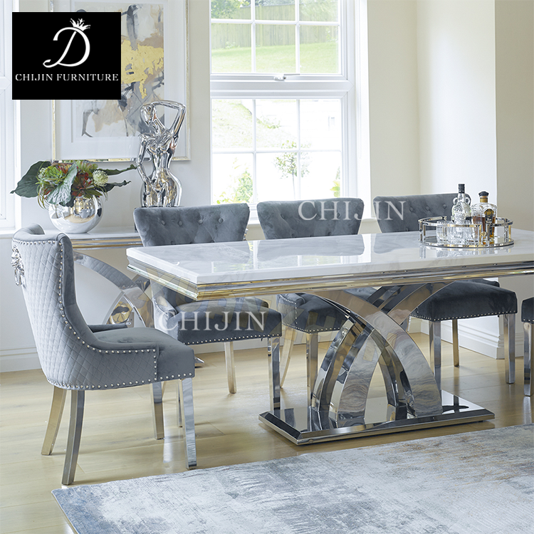 Modern Kitchen Table and Chairs,Luxury Dining Table Set Silver Stainless Steel Marble Table