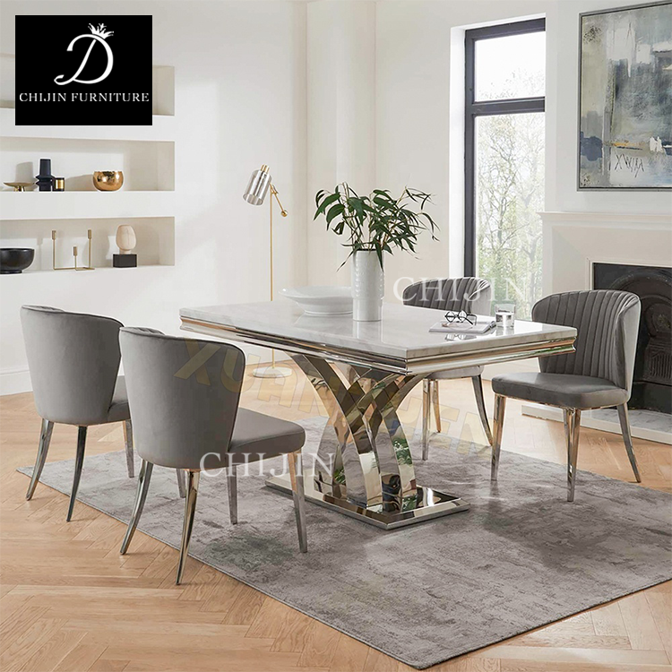 Modern Kitchen Table and Chairs,Luxury Dining Table Set Silver Stainless Steel Marble Table