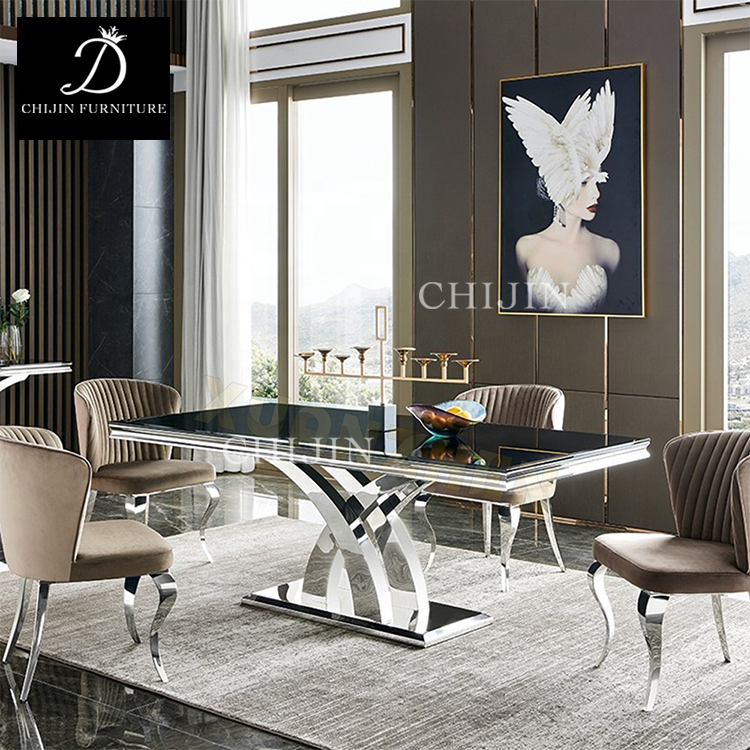 Modern Kitchen Table and Chairs,Luxury Dining Table Set Silver Stainless Steel Marble Table