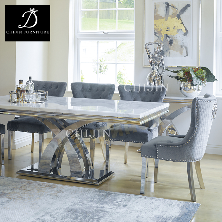 Modern Kitchen Table and Chairs,Luxury Dining Table Set Silver Stainless Steel Marble Table