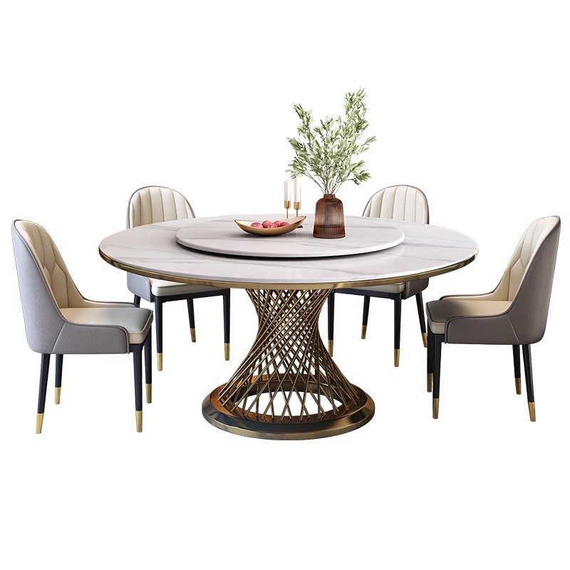Italian minimalist Gold base luxury Round Table Rock board dining table and chair combination sintered stone round table