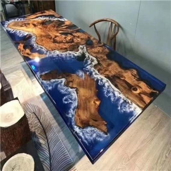 MORE DESIGN Blue Ocean Wooden Home Furniture Factory Direct Solid Walnut Kitchen Restaurant River Epoxy Wood Resin Dining Table