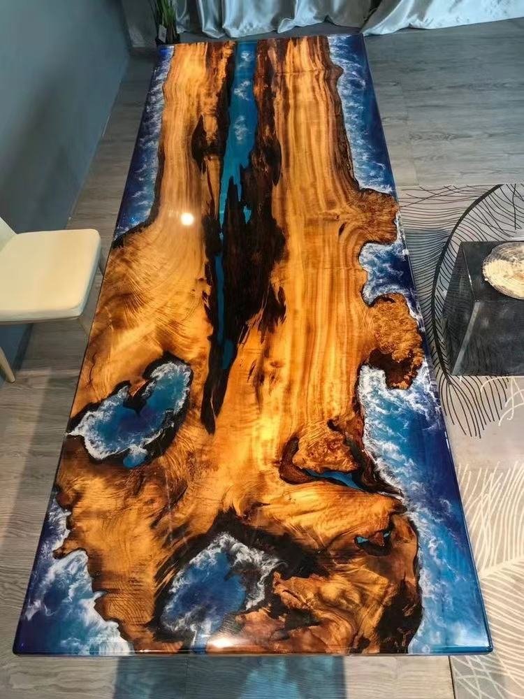 MORE DESIGN Blue Ocean Wooden Home Furniture Factory Direct Solid Walnut Kitchen Restaurant River Epoxy Wood Resin Dining Table