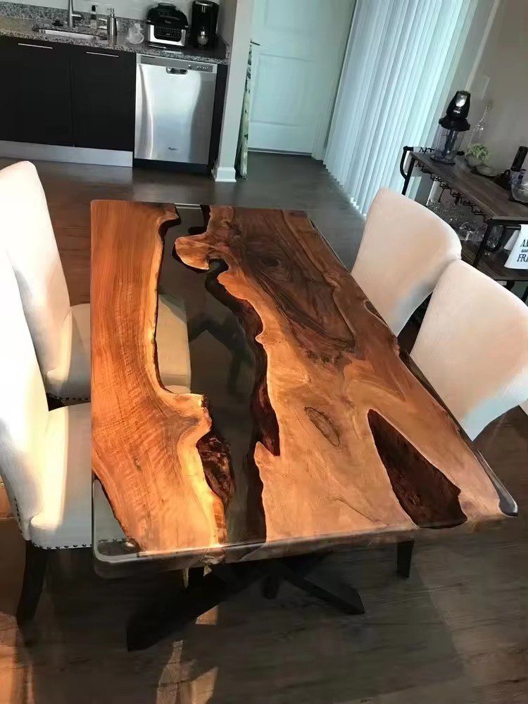 Hot Modern Furniture Factory Direct Solid Walnut Wood Cafe Coffee Kitchen Restaurant Wooden River Epoxy Resin Slab Dining Table