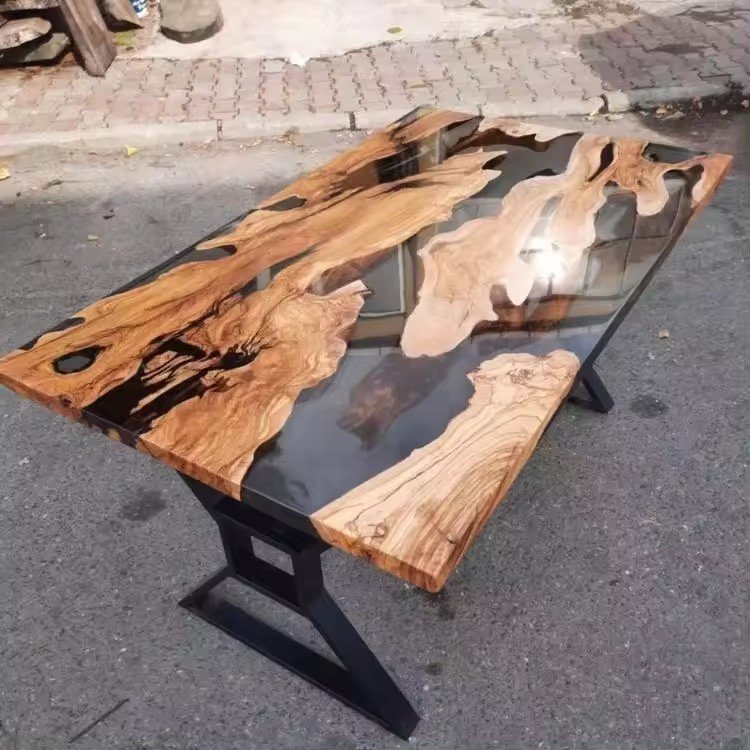 Hot Modern Furniture Factory Direct Solid Walnut Wood Cafe Coffee Kitchen Restaurant Wooden River Epoxy Resin Slab Dining Table
