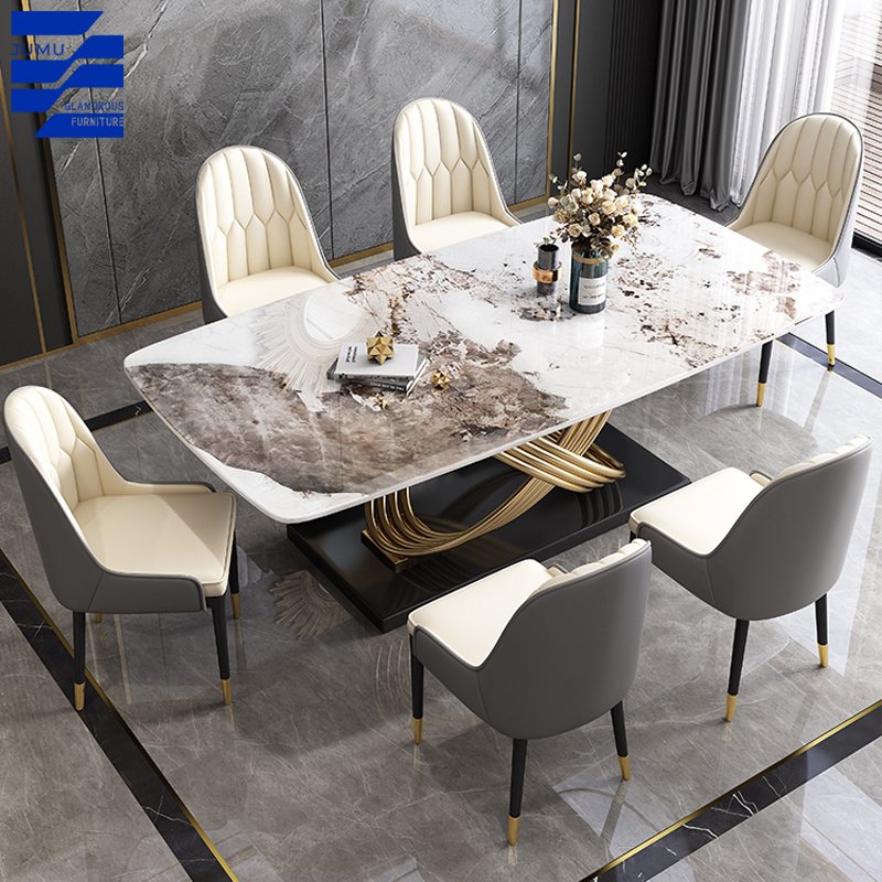 Luxurious Stainless Steel Dining Table Set with Unique Marble Rectangular Design Modern for Indoor Kitchen and Outdoor Use