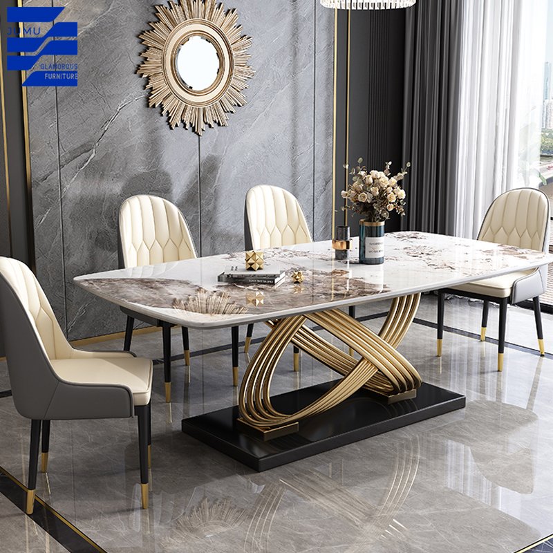 Luxurious Stainless Steel Dining Table Set with Unique Marble Rectangular Design Modern for Indoor Kitchen and Outdoor Use