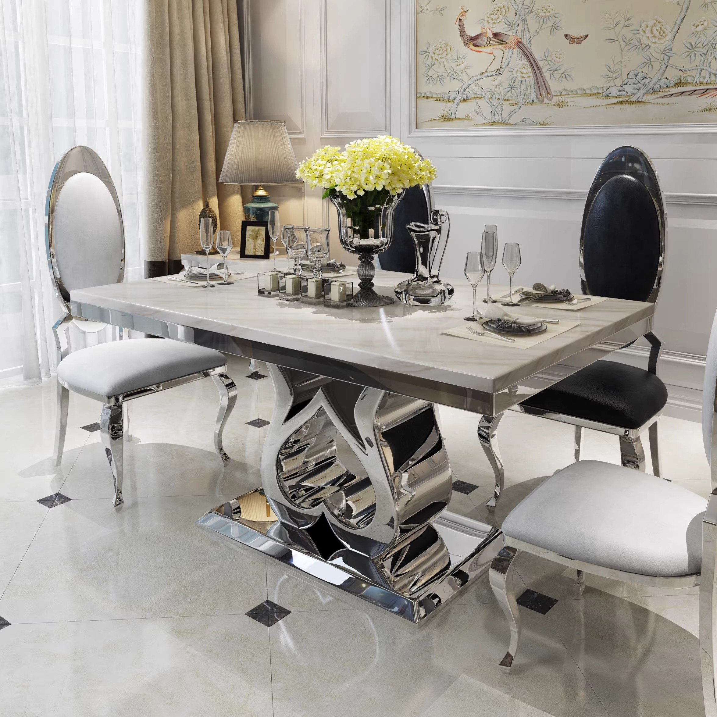 Modern 8-Seater Dining Table Set with Marble Top and Stainless Steel Base Furniture for Dining Room Metal Material