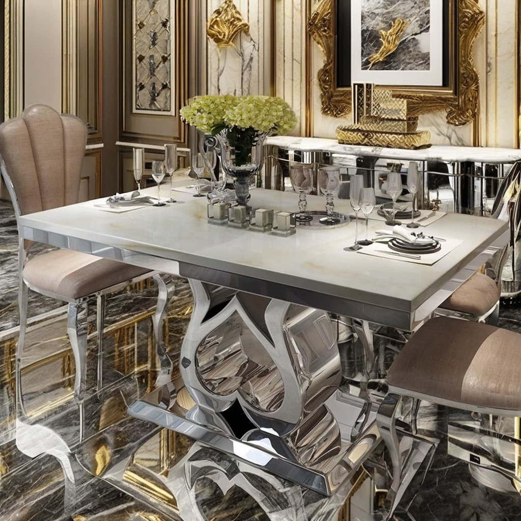 Modern 8-Seater Dining Table Set with Marble Top and Stainless Steel Base Furniture for Dining Room Metal Material