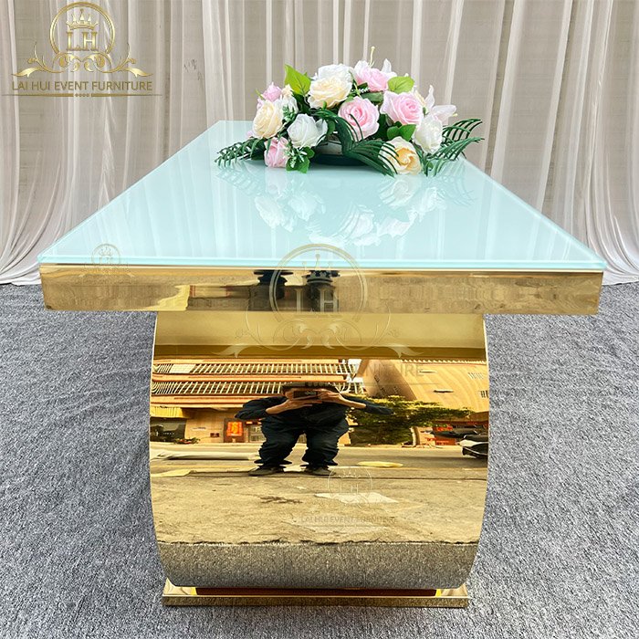 Modern Wedding Furniture Gold Stainless Steel Rectangle Dining Tables Set for Event