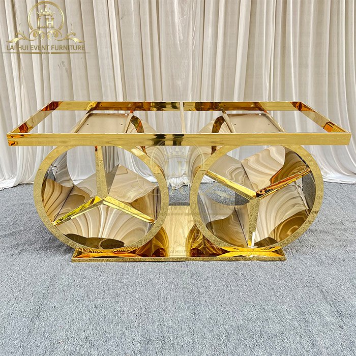 Modern Wedding Furniture Gold Stainless Steel Rectangle Dining Tables Set for Event