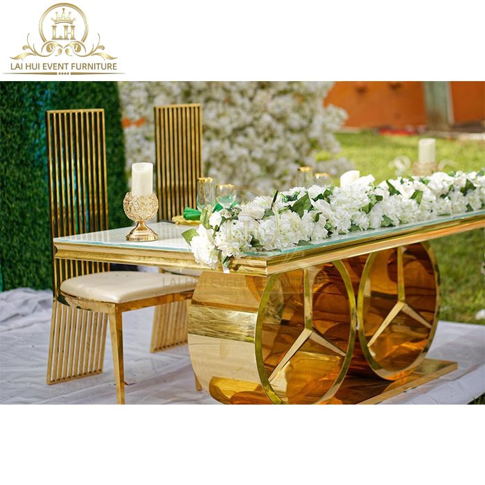 Modern Wedding Furniture Gold Stainless Steel Rectangle Dining Tables Set for Event