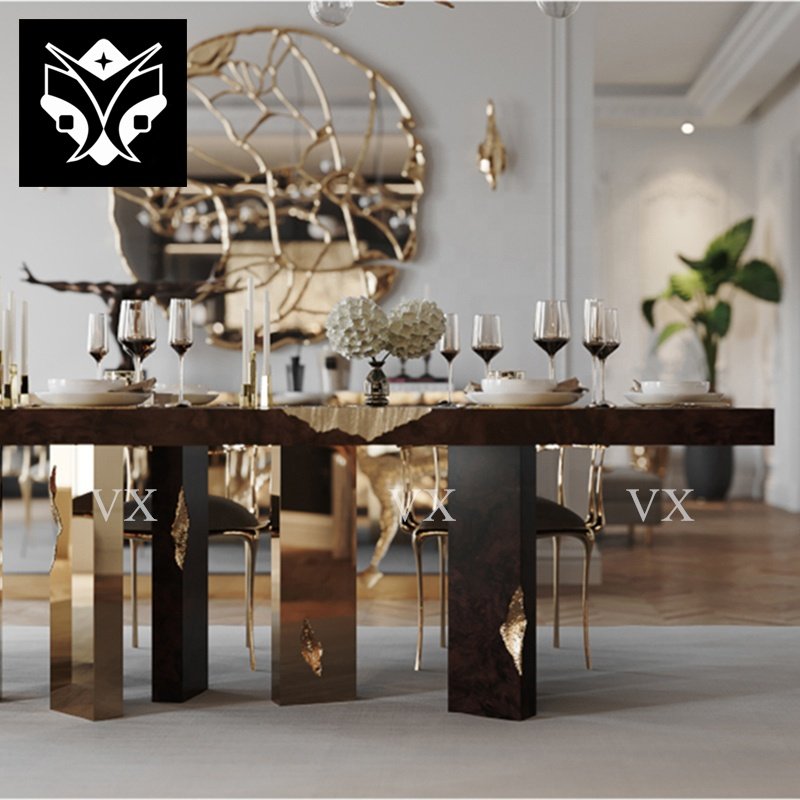 High Quality Dining Table Modern Wood Room Furniture Stainless Dining Table Luxury Villa