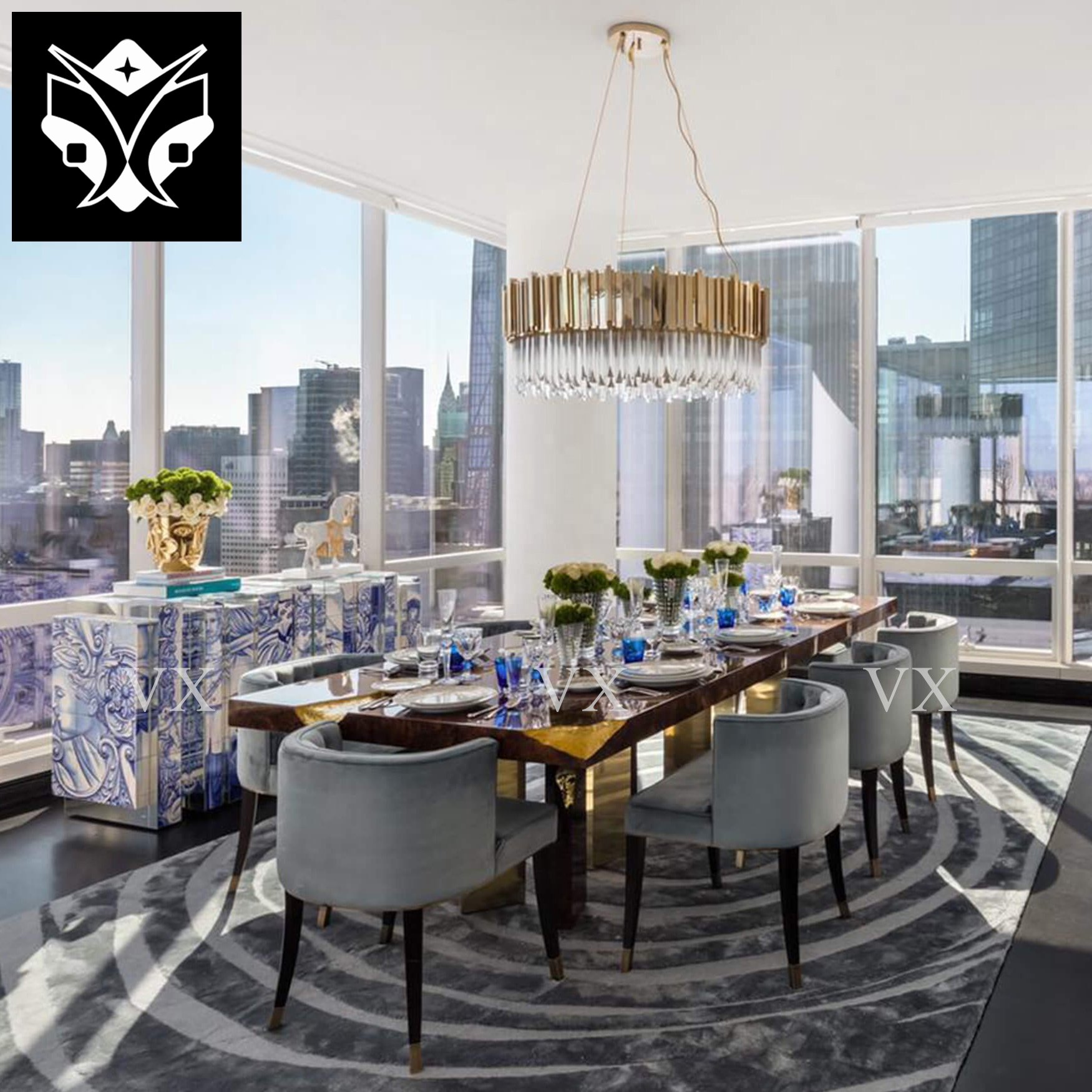 High Quality Dining Table Modern Wood Room Furniture Stainless Dining Table Luxury Villa