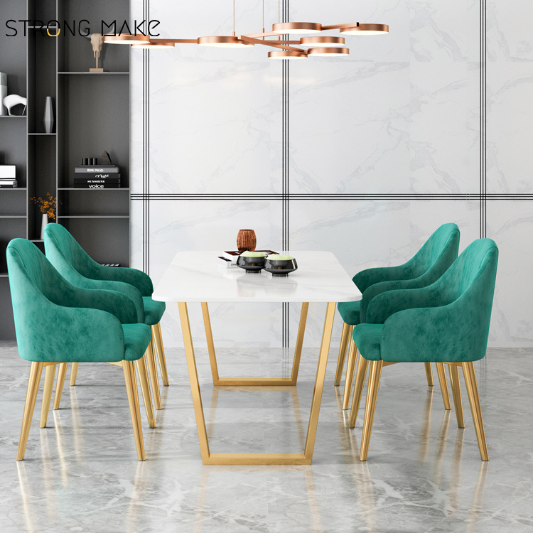 Best Sale Dinning Table Italian Nature Marble Stone Top Golden Stainless Steel Base 4 Seaters Marble Dining Table