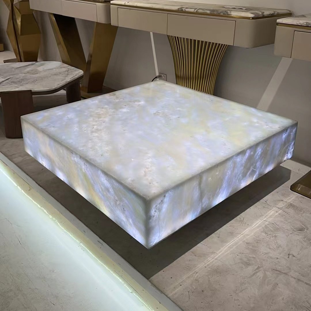Square Ice Crack Onyx Luminous Coffee Table Tea Table for Bar Pub Restaurant 48'' 1200mm Back lighted Translucent Furniture