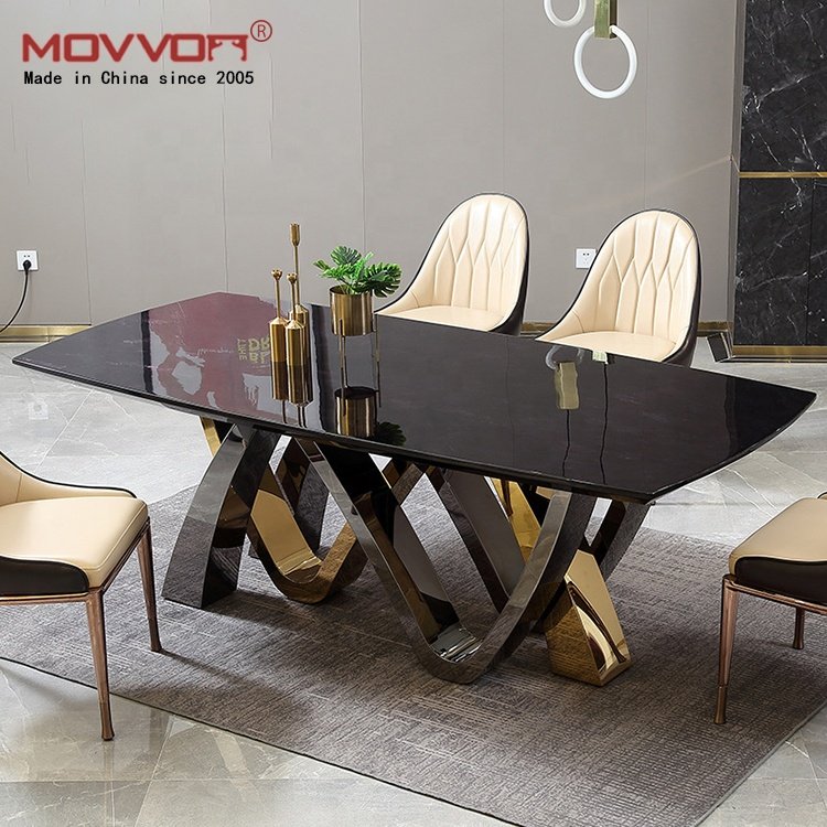 Contemporary Luxury Rectangular Dining Table Modern Nordic Style Sleek Slate Black Extendable Made of Steel Stone Metal Iron