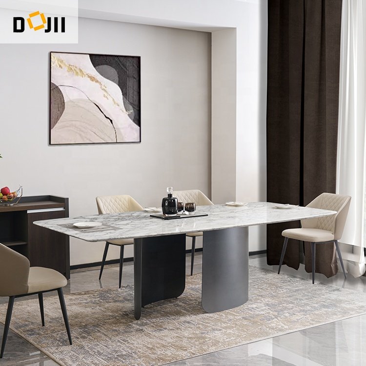 Italian Luxury Design Dinning Set Stone Plate Dining Table Set with Bright Light and 6 Chairs for Small Apartment Kitchen Use