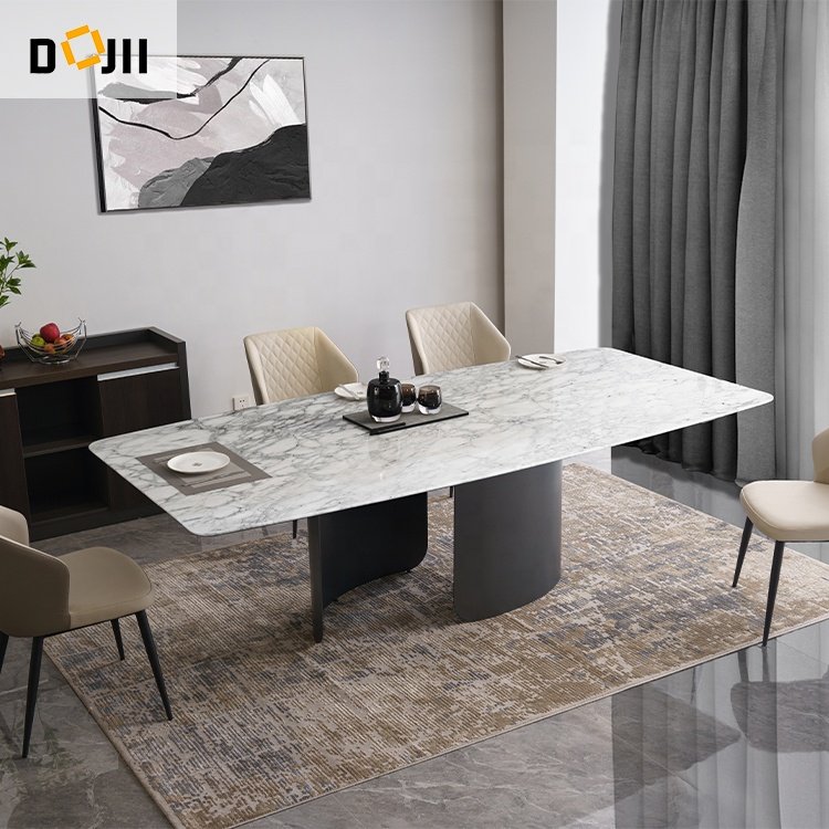 Italian Luxury Design Dinning Set Stone Plate Dining Table Set with Bright Light and 6 Chairs for Small Apartment Kitchen Use