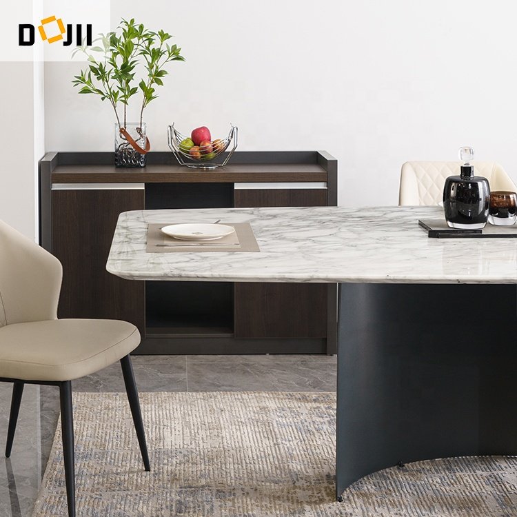 Italian Luxury Design Dinning Set Stone Plate Dining Table Set with Bright Light and 6 Chairs for Small Apartment Kitchen Use