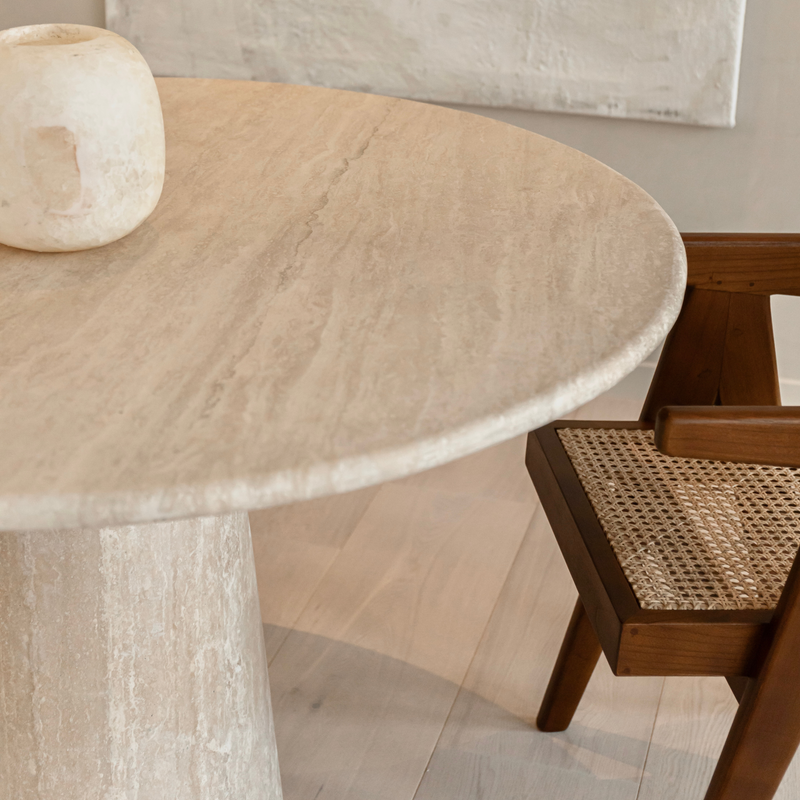 SHIHUI Luxury Beige Travertine Cylinder Dining Table Customized Honed Round Modern Style Home Hotel Use High Quality Furniture