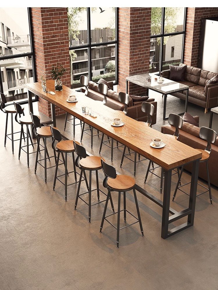 2023 The latest American solid wood bar table industrial style bar wall long table retro cafe high table and chair combination