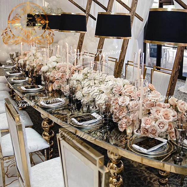 Long Oval Shape Design Luxury Wedding Decor Hall Glass Dining Table
