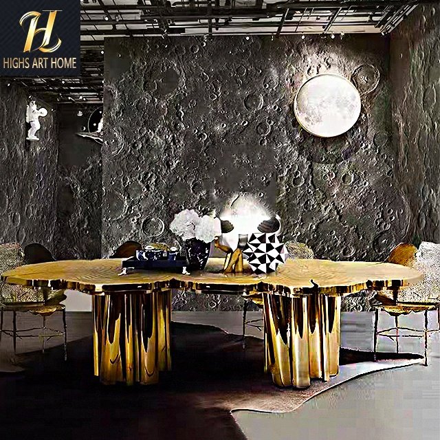 Italian Luxury House Stainless Steel Etched Gold Plated Special-Shaped Table Designer Creative Ring 6 People Table
