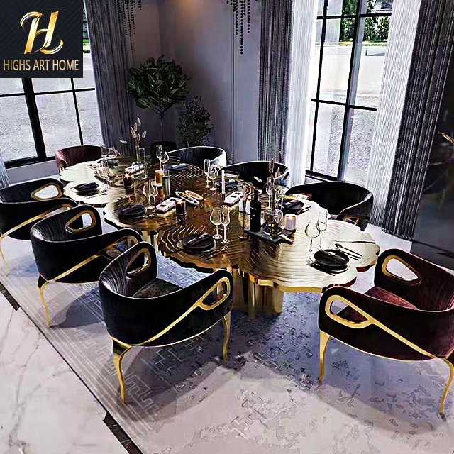 Italian Luxury House Stainless Steel Etched Gold Plated Special-Shaped Table Designer Creative Ring 6 People Table