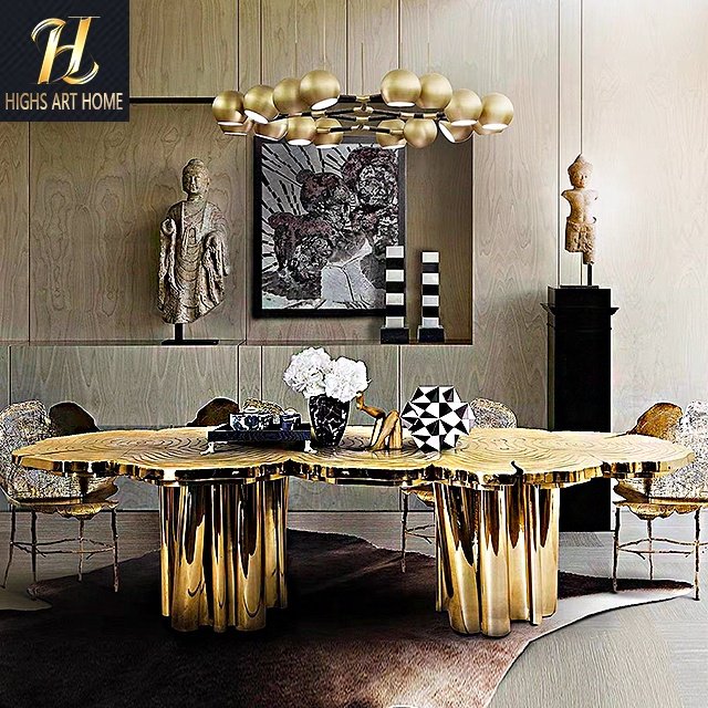 Italian Luxury House Stainless Steel Etched Gold Plated Special-Shaped Table Designer Creative Ring 6 People Table