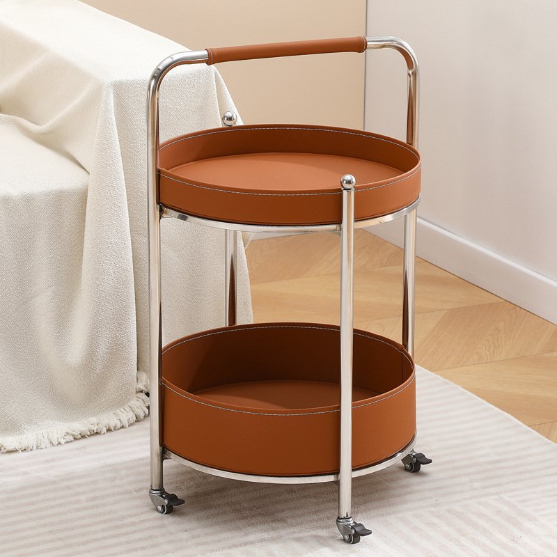 Three-layer PU Material Stainless Steel Frame Food Side Round Wheels Storage Corner Coffee Table