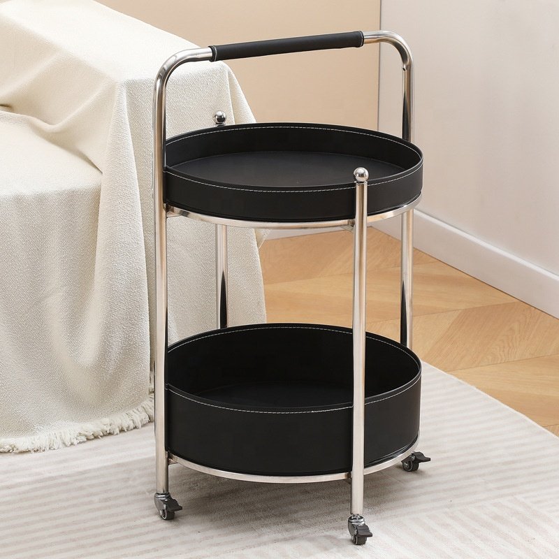 Three-layer PU Material Stainless Steel Frame Food Side Round Wheels Storage Corner Coffee Table