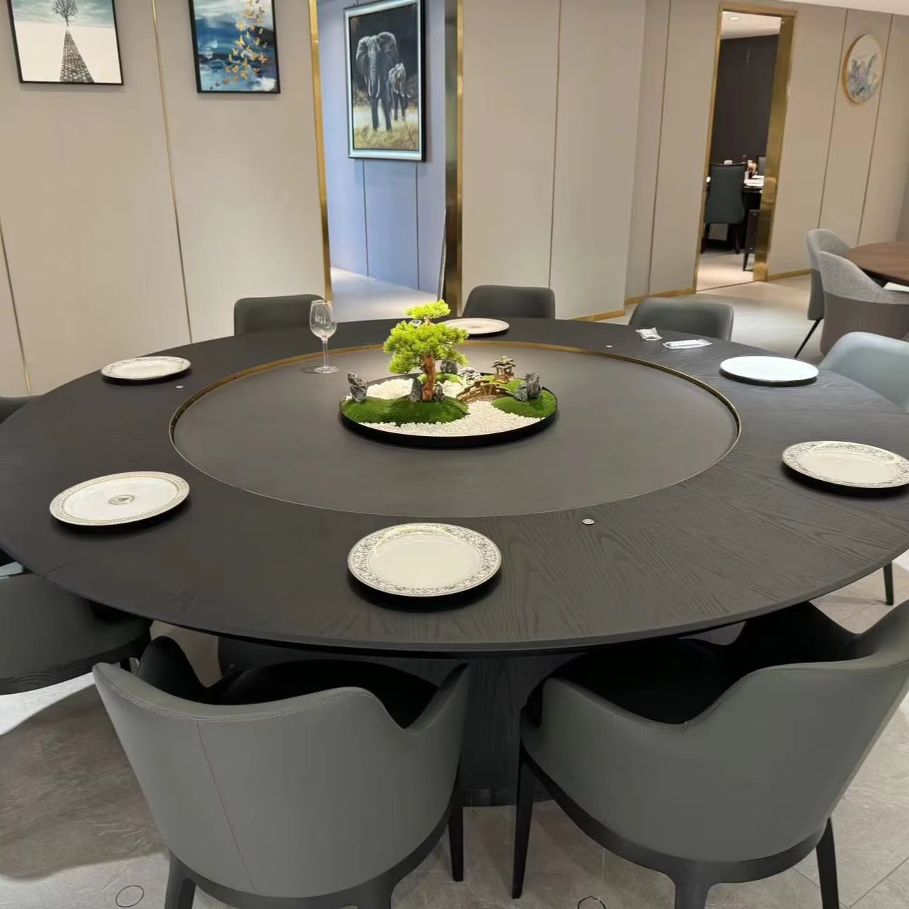 High quality solid wood panel, basalt stone lifting electric turntable, multi-layer solid wood feet electric dining table