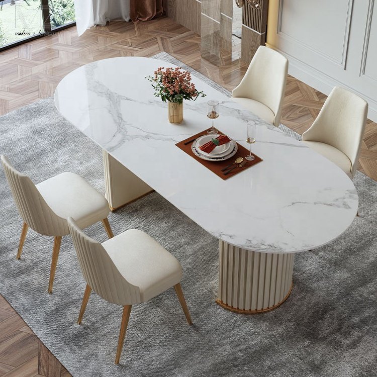 White Modern Luxury Kitchen White Oval Dinning Room Furniture Circular 4 6 Seater Marble Top Dining Table And Chair Set For 6