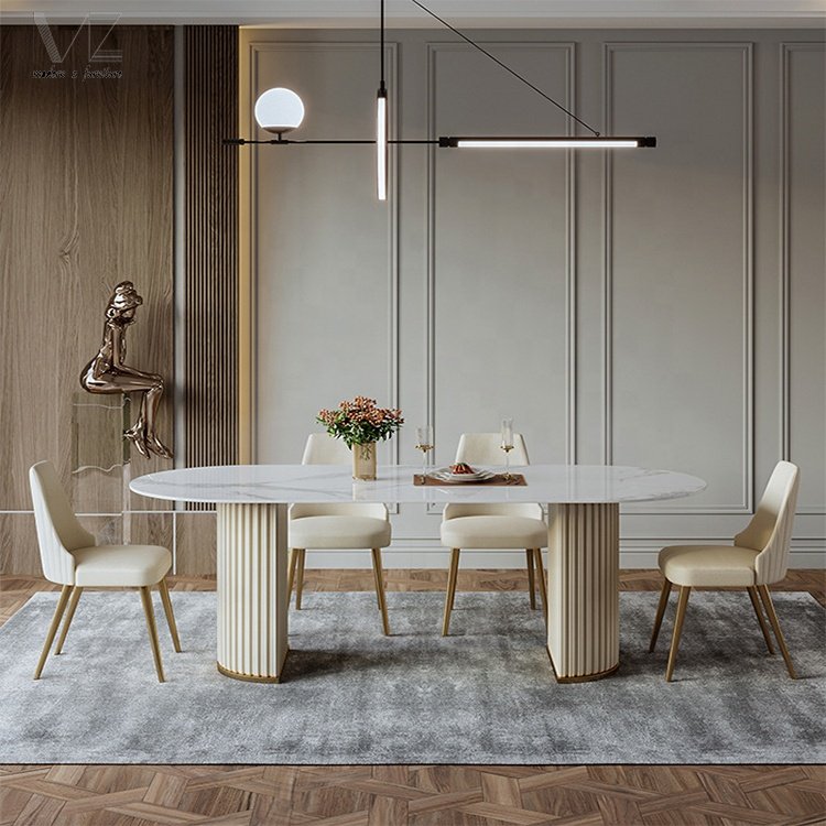 White Modern Luxury Kitchen White Oval Dinning Room Furniture Circular 4 6 Seater Marble Top Dining Table And Chair Set For 6