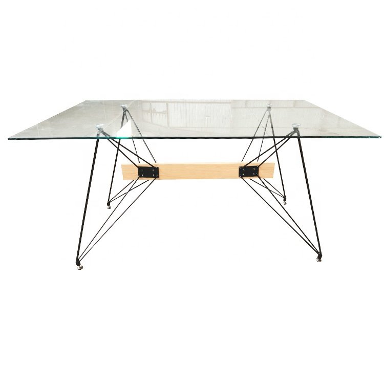 simple style design tempered glass rectangle dining table transparent top metal frame with black powder coating surface table