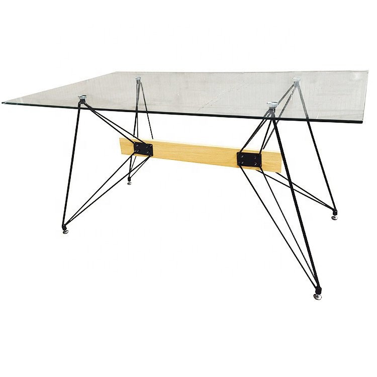 simple style design tempered glass rectangle dining table transparent top metal frame with black powder coating surface table