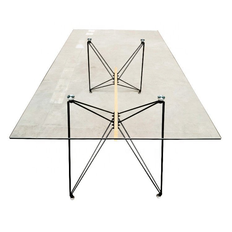 simple style design tempered glass rectangle dining table transparent top metal frame with black powder coating surface table