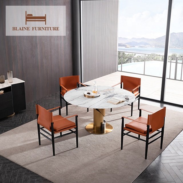 Modern Luxury Stainless Steel Titanium Natural Marble Round Dining Table 1.6m 1.8m Diameter
