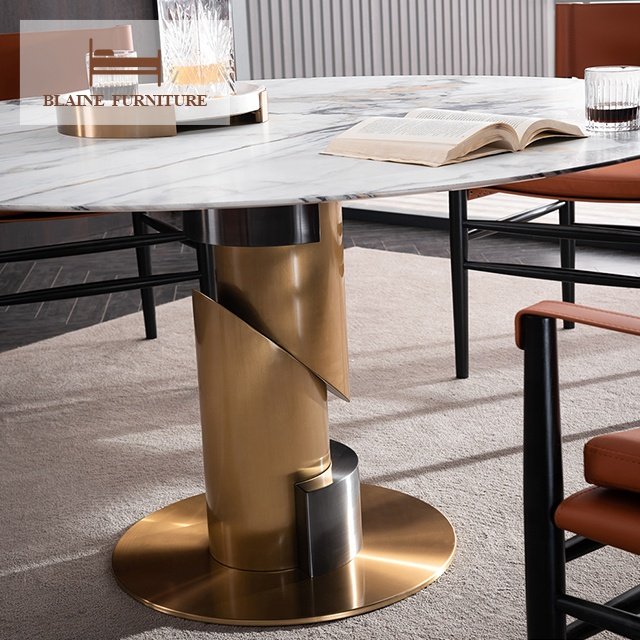 Modern Luxury Stainless Steel Titanium Natural Marble Round Dining Table 1.6m 1.8m Diameter