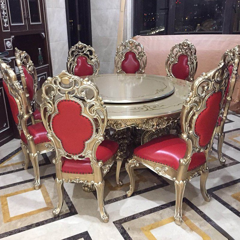Luxury European Red Color Hand Carved Solid Wood Dining Table and Dining Chair