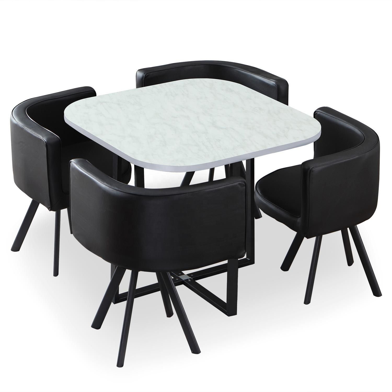 Space Saving 1+4 Dining Table Set Wood Top Metal Frame Dining Table With Pu Metal Chairs