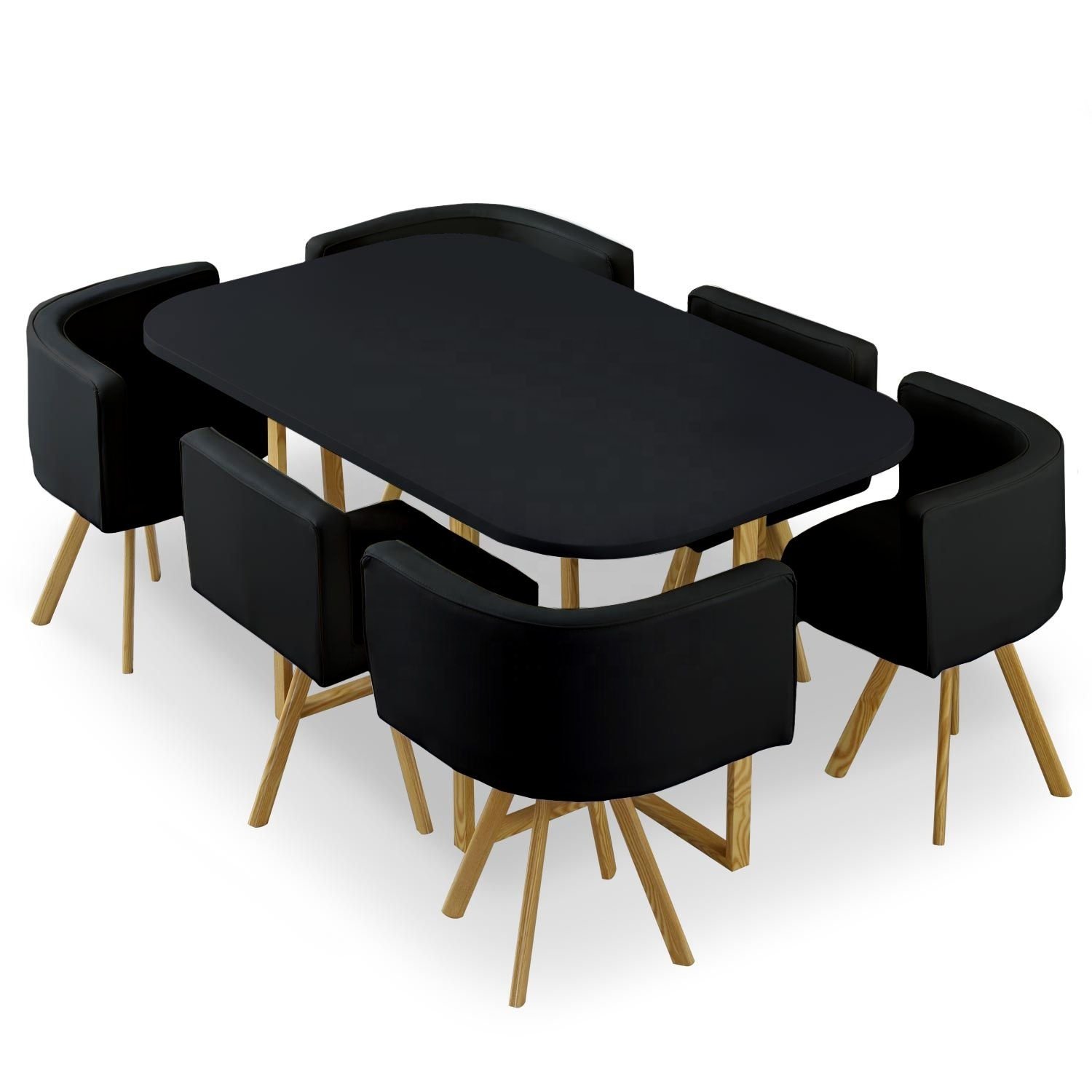 Space Saving 1+4 Dining Table Set Wood Top Metal Frame Dining Table With Pu Metal Chairs