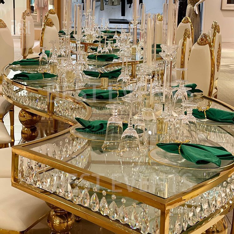 S Shape Crystal Decor Stainless Steel Legs Glass Top Dining Serpentine Table For Wedding