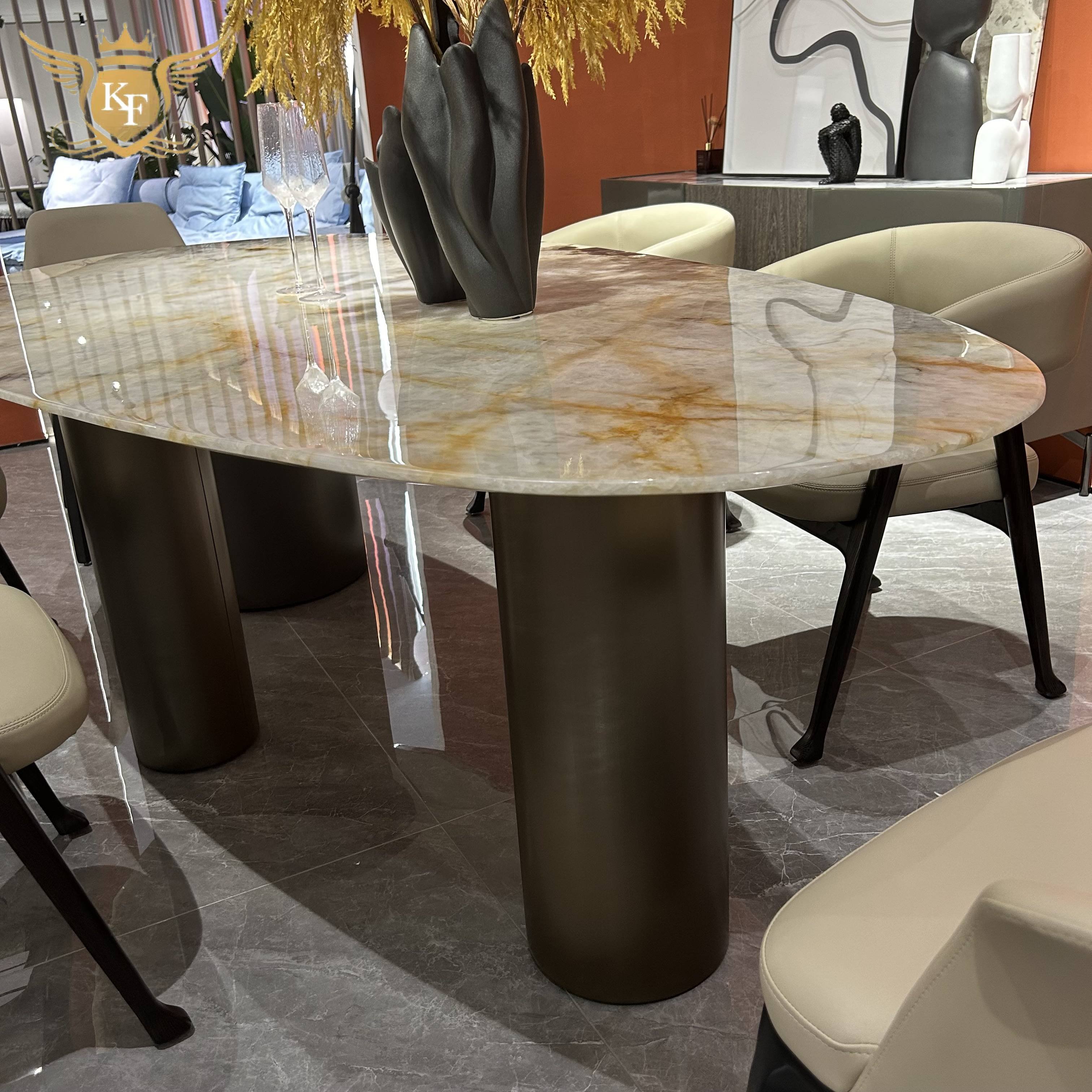 high quality modern luxury elegant marble top stainless steel white round extendable dining table set