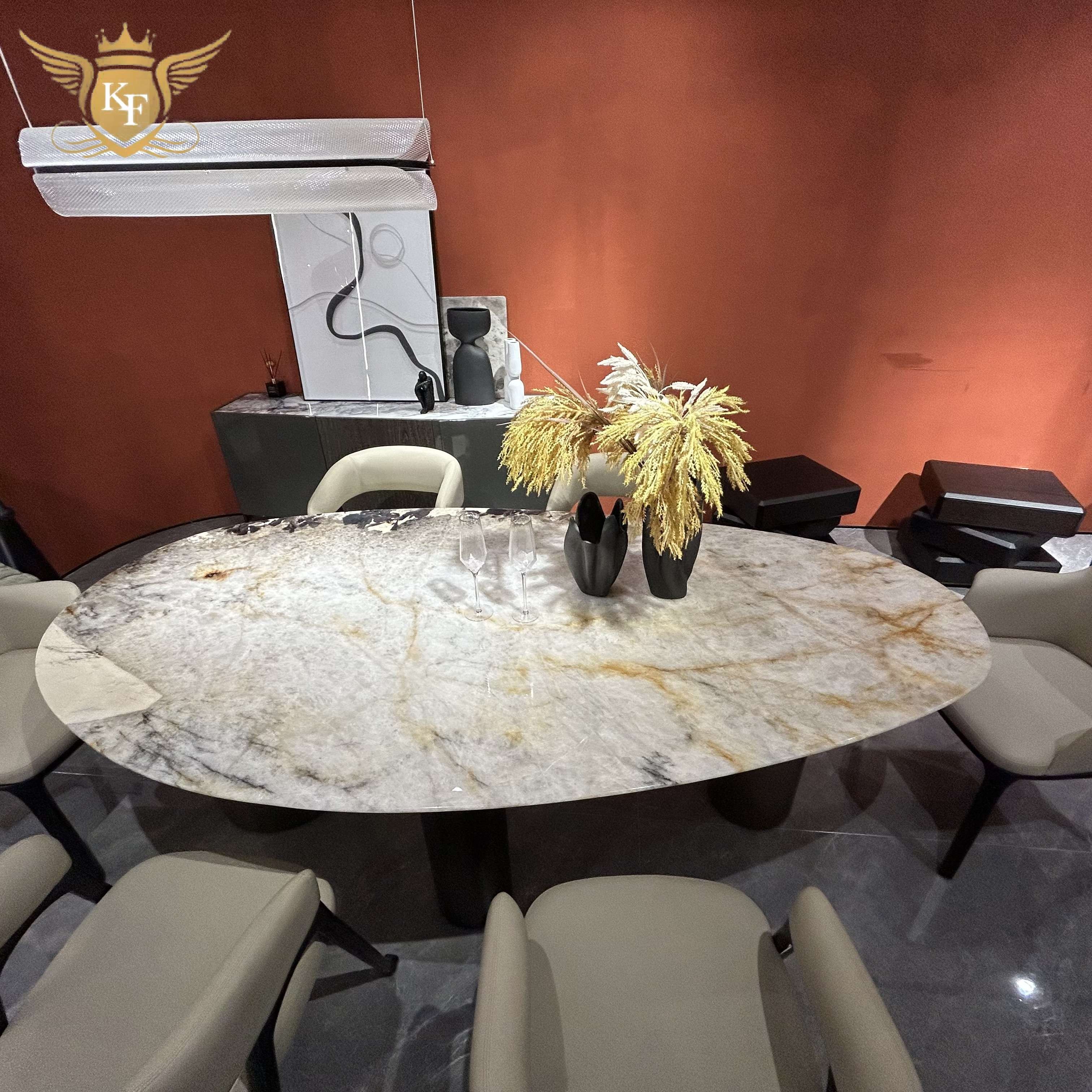 high quality modern luxury elegant marble top stainless steel white round extendable dining table set