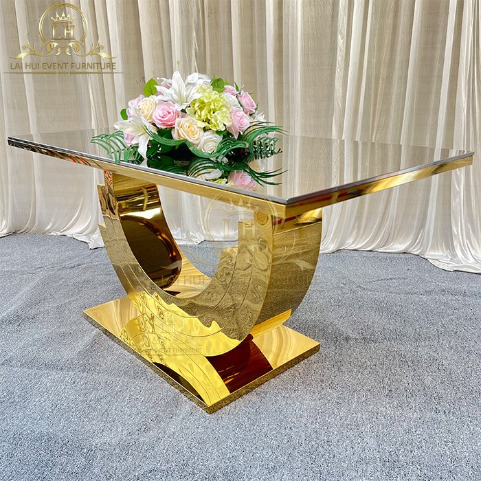 Foshan Luxury Modern Mirror Glass Top Gold Stainless Steel Metal Restaurant Wedding Dining Tables Set