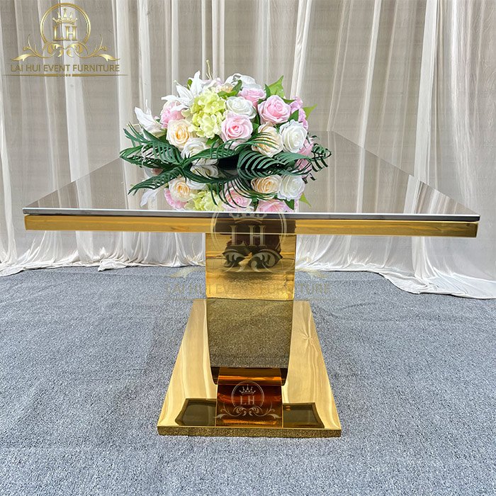 Foshan Luxury Modern Mirror Glass Top Gold Stainless Steel Metal Restaurant Wedding Dining Tables Set