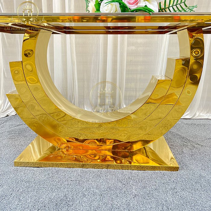 Foshan Luxury Modern Mirror Glass Top Gold Stainless Steel Metal Restaurant Wedding Dining Tables Set