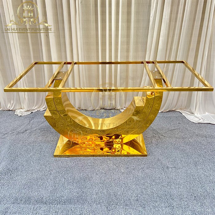 Foshan Luxury Modern Mirror Glass Top Gold Stainless Steel Metal Restaurant Wedding Dining Tables Set